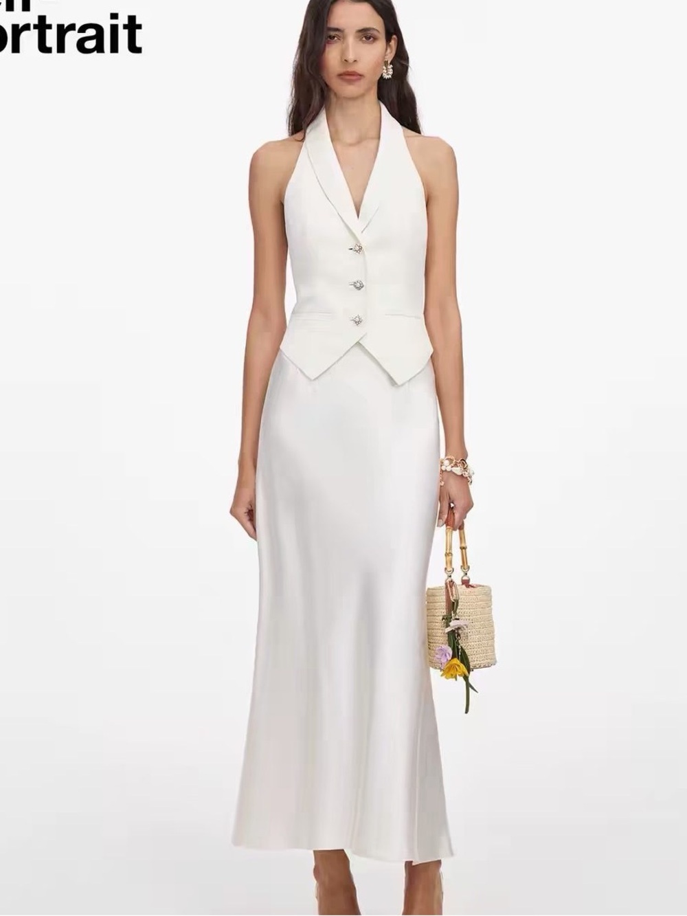 NWOT Self-Portrait Cream Linen Blend Satin Midi Dress, Size US 6